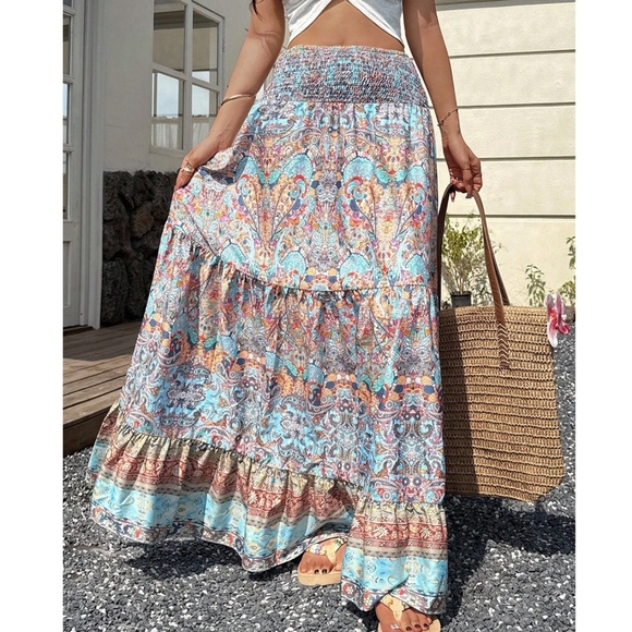 Boho Paisley Print Stretchy High Waisted Ruffle Hem Maxi Skirt - Picture 4 of 6